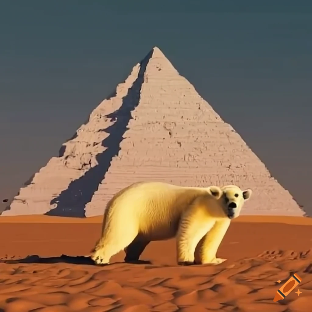 polar bear climbing a pyramid in the desert