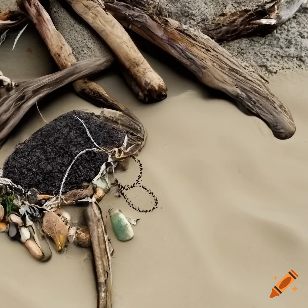 sculpture of half submerged driftwood on a serene beach