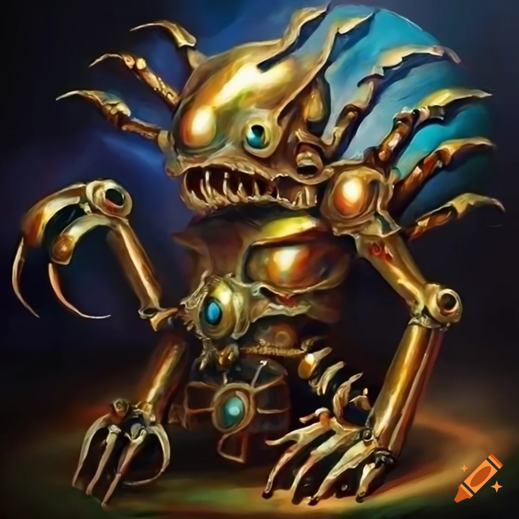 Oil painting of a shiny metallic automaton creature