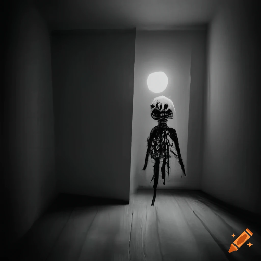 scary japanese voodoo doll in a white room