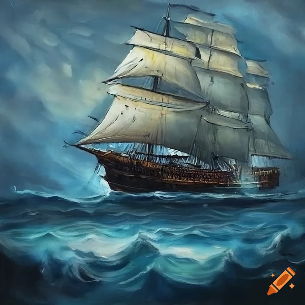 Oil painting of a ship battling a storm on Craiyon