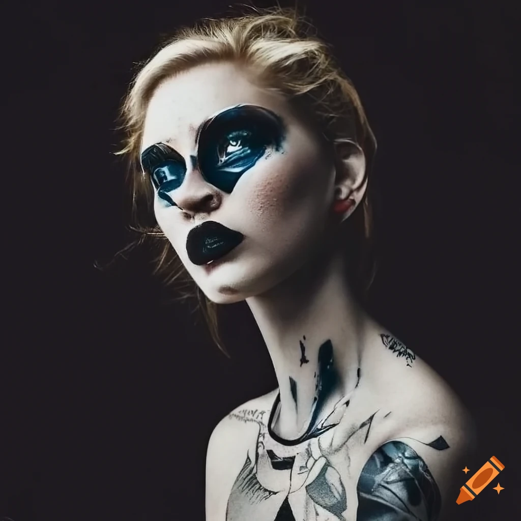 Woman with blond hair, blue eyes, and tattoos smoking a cigarette on ...