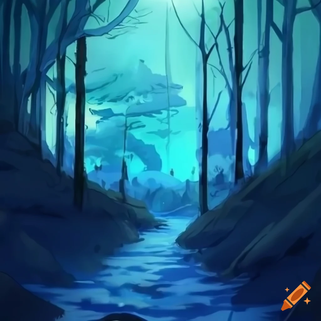 Blue tinted anime landscape on Craiyon