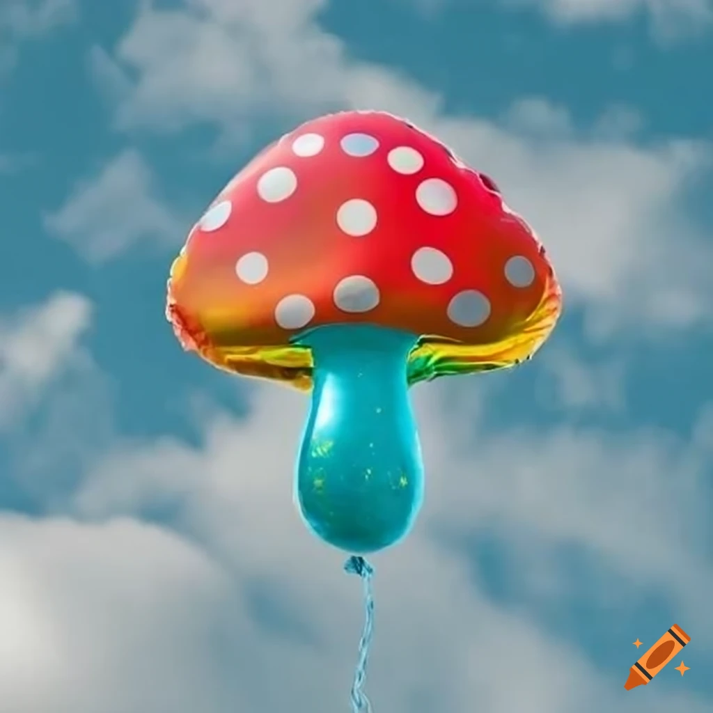 colourful mushroom shaped foil balloon floating in the sky