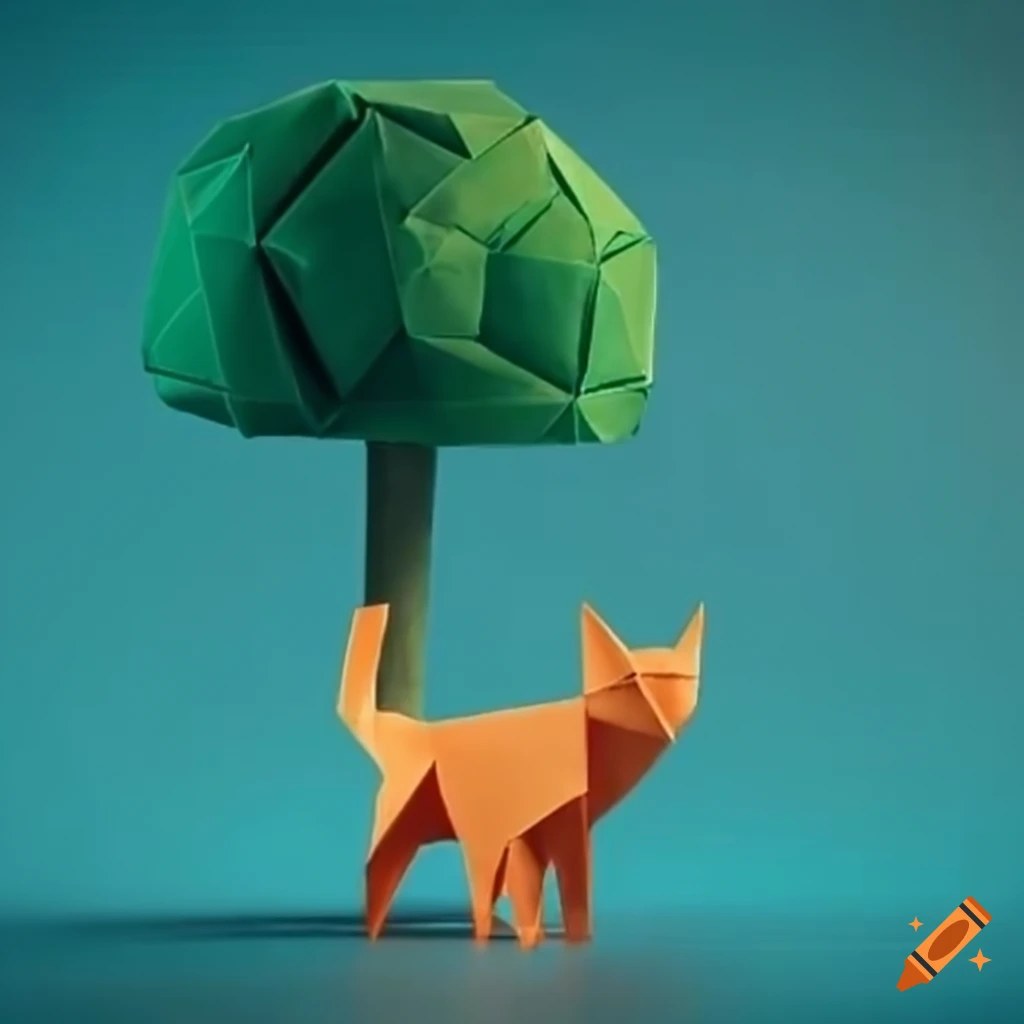 orange cat next to a tree origami
