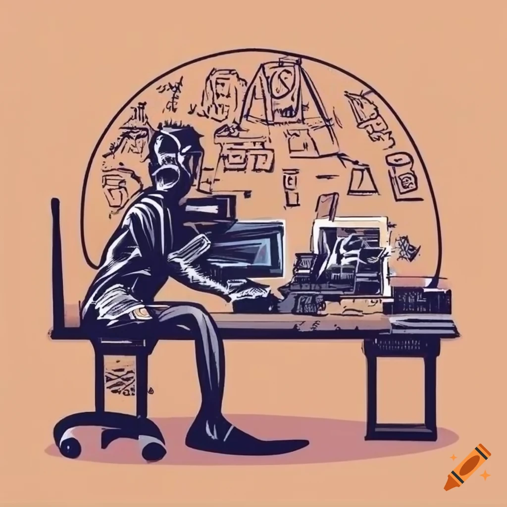 woodcut-drawing-of-a-messy-computer-programmer-tool-bench-on-craiyon