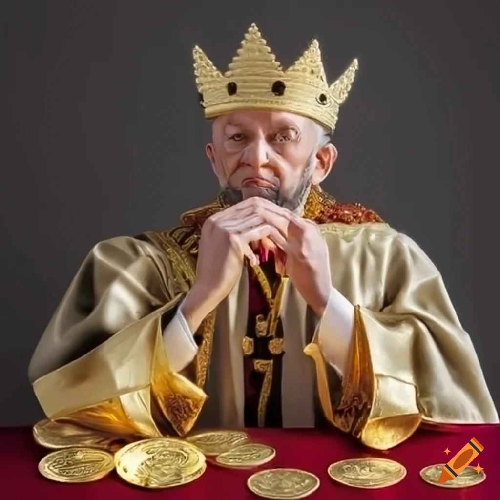 Image of a king surrounded by gold coins on Craiyon