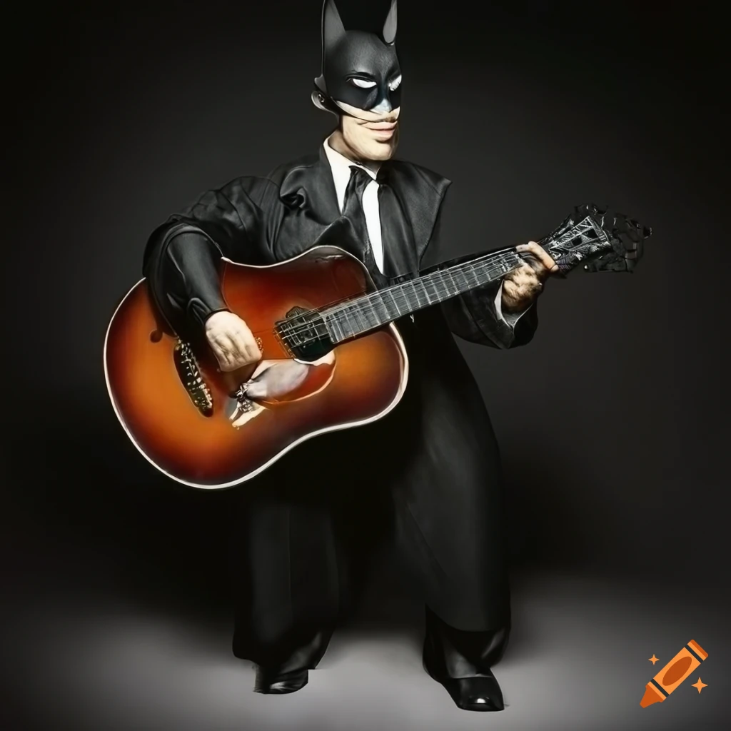 hyperrealistic image of Batman playing a guitar in a vintage suit