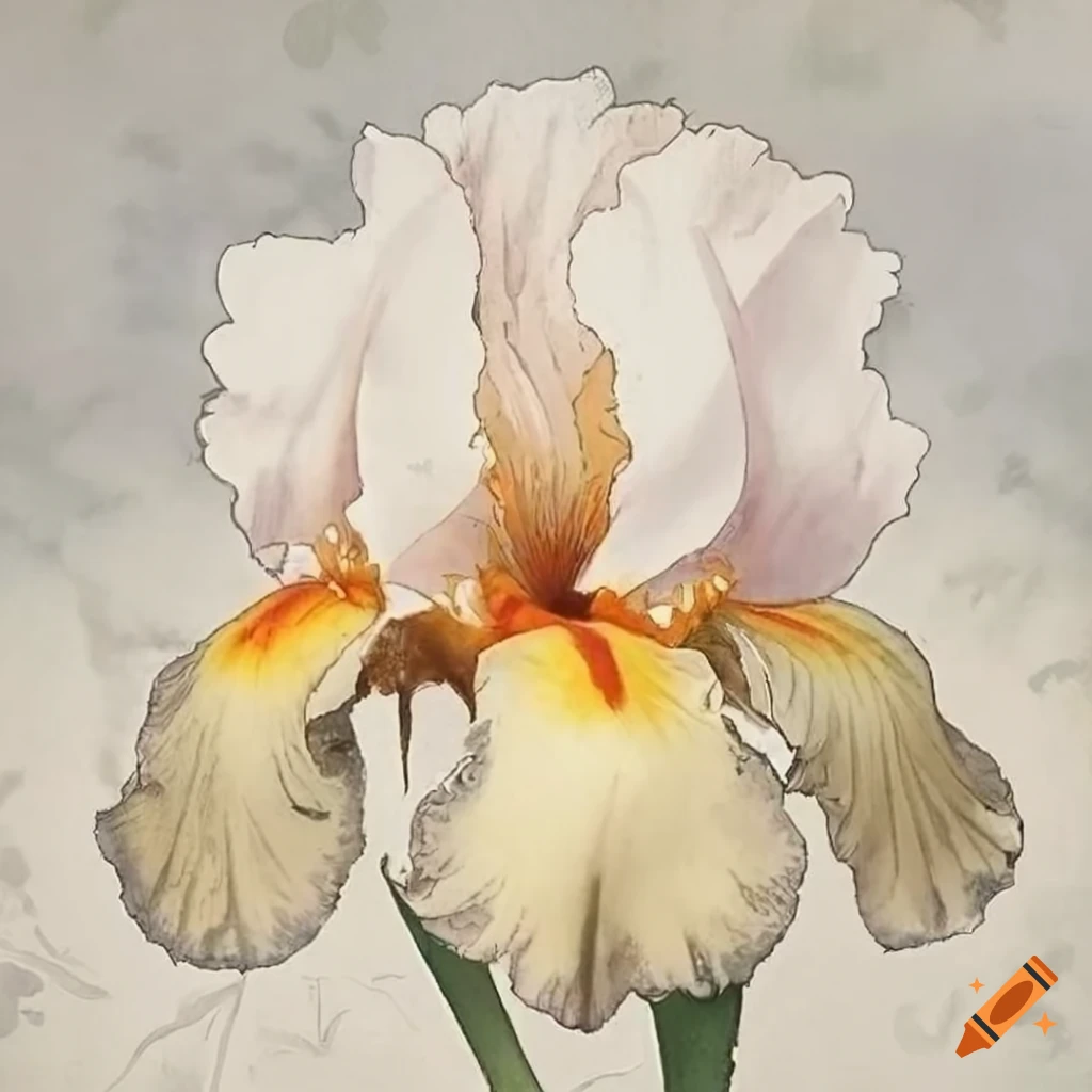 Watercolor of a detailed iris flower on a white backdrop on Craiyon