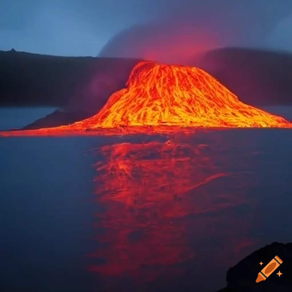 volcano lava flowing into a cold lake