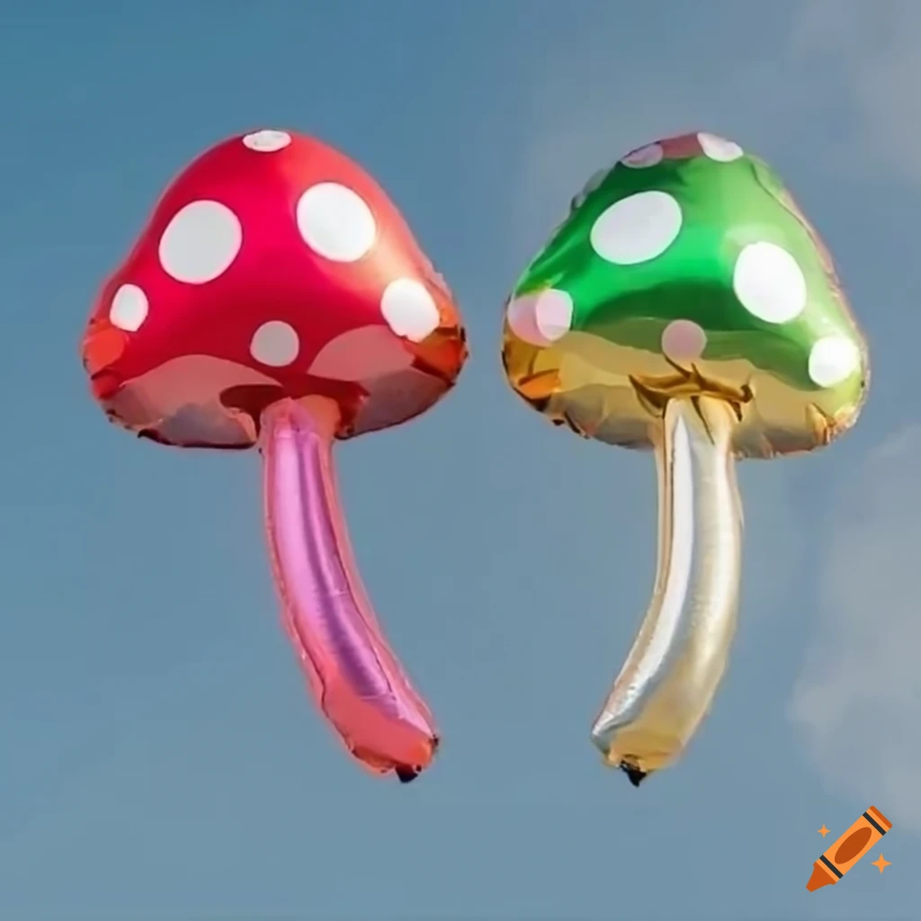 colourful mushroom-shaped foil balloon in the sky