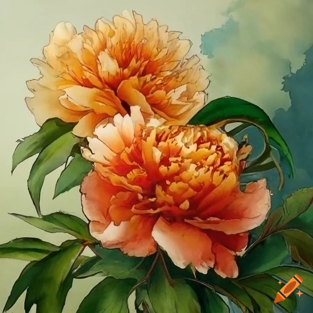 intricate watercolor painting of a peony on a white background