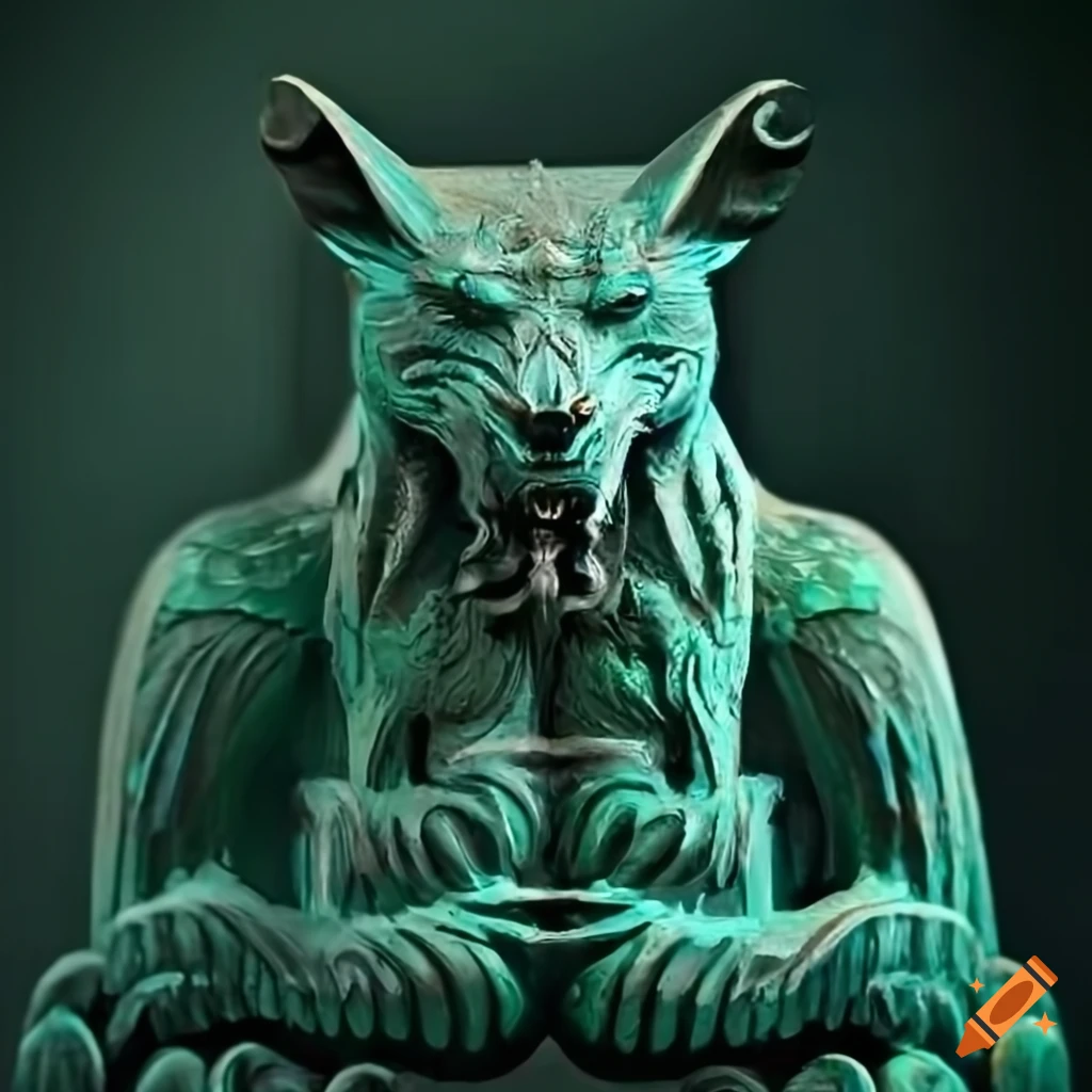 detailed moth werewolf carving in emerald green