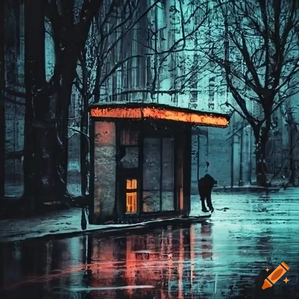 dark and rainy bus stop