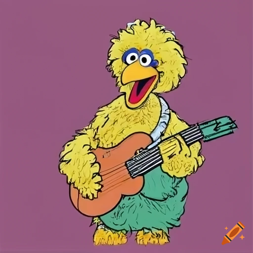 Big Bird from Sesame Street playing a bass guitar