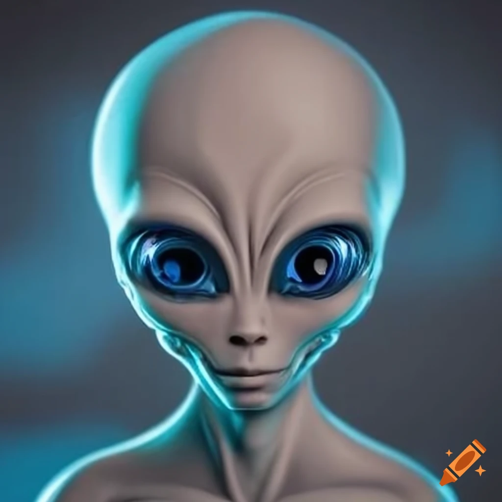 digital art of a white alien with blue eyes