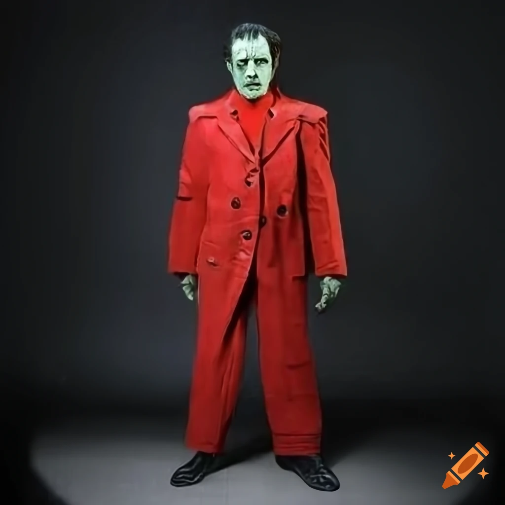 hyperrealistic depiction of Frankenstein in a red Zoot suit