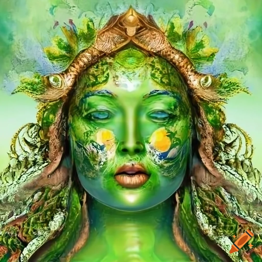 Image of a green earth goddess embracing the sun on Craiyon