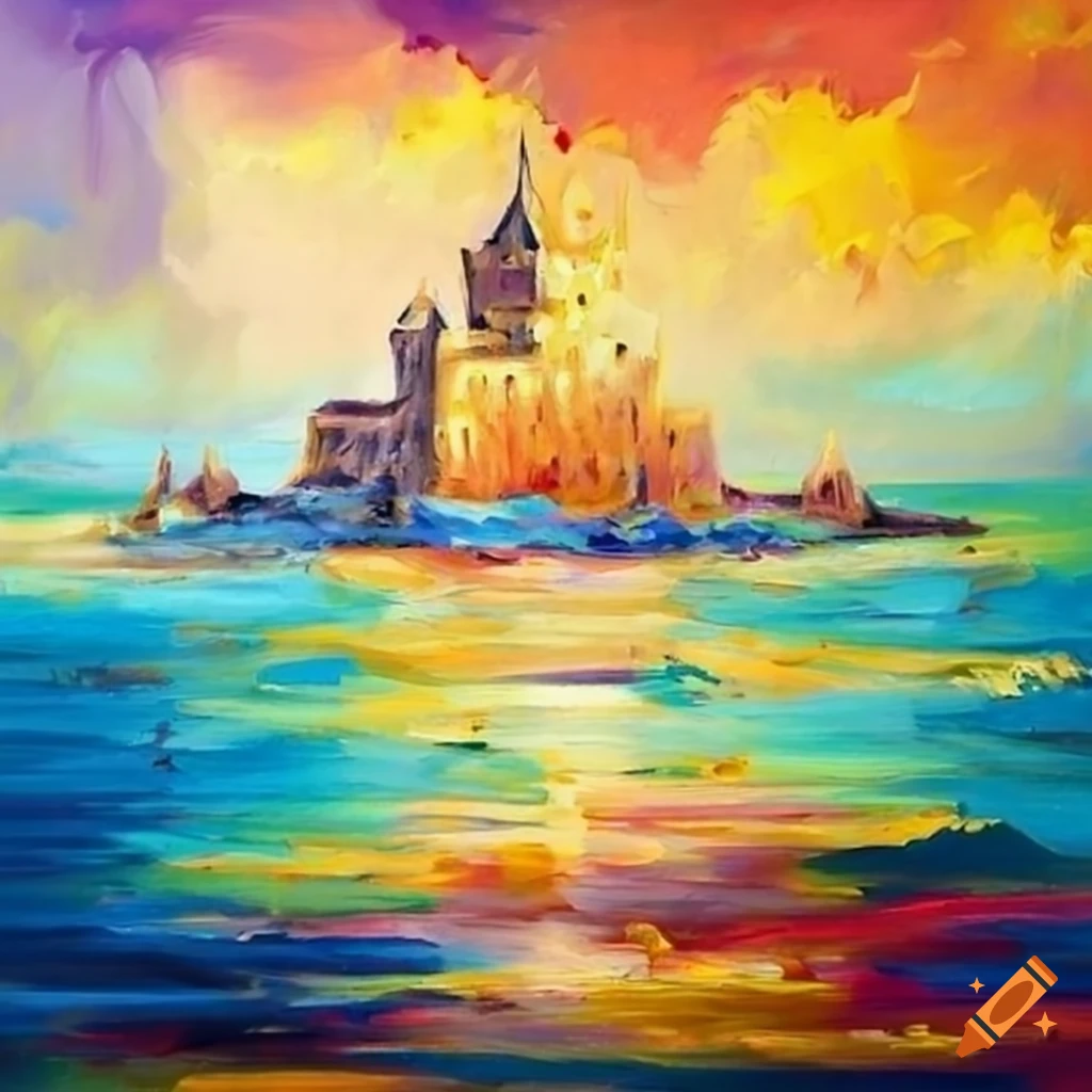 oil painting of a mirage castle surrounded by water