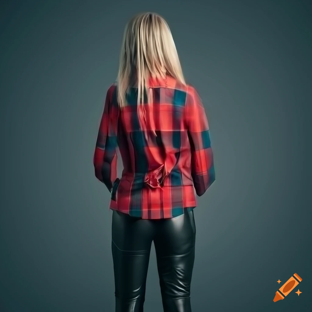 portrait of a stunning blonde woman in red plaid shirt and black leather trousers