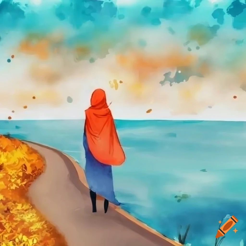 watercolor painting of a girl walking on an autumn road