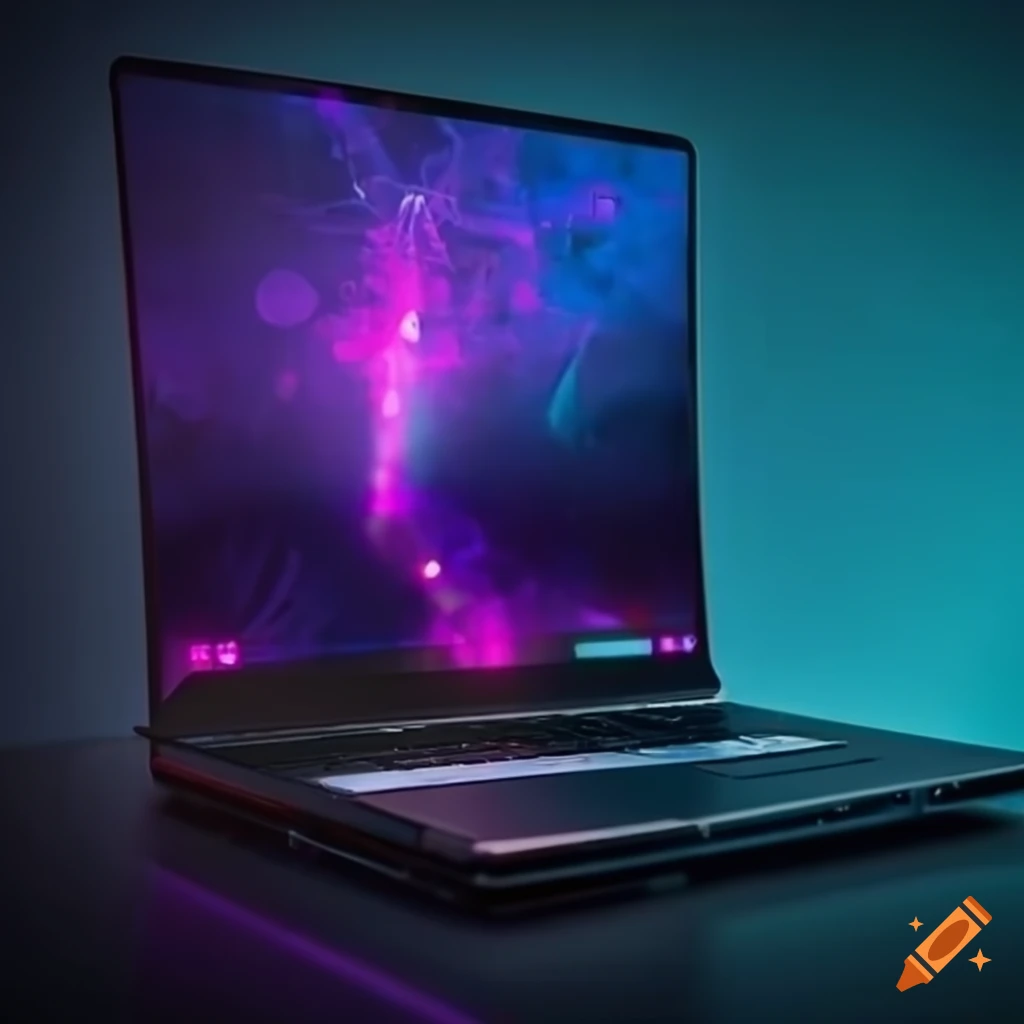 Laptop computer with cyberpunk inspired background on craiyon