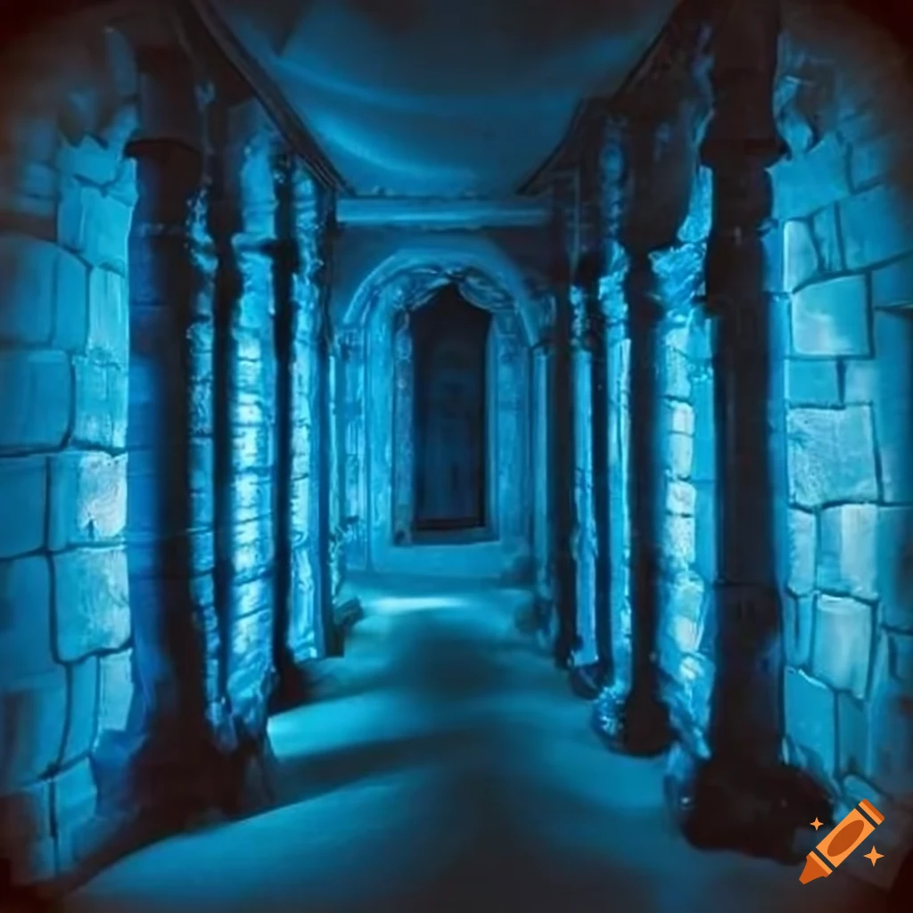 blue lanterns in a dark dungeon
