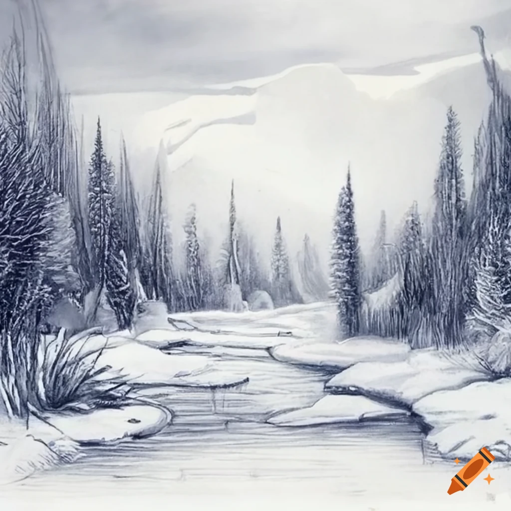 Winter village landscape. Small house, trees, fir-trees, bridge over the  river among snowy hills. Rural area, raster illustration in the style of  children`s drawing Stock Illustration | Adobe Stock