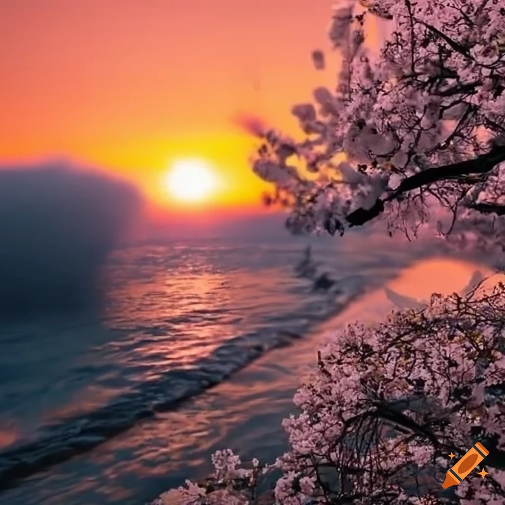 Colorful sunset with cherry blossoms