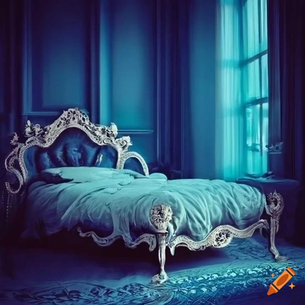 Cozy, elegant, classy blue, royal fantasy bedroom, winter day