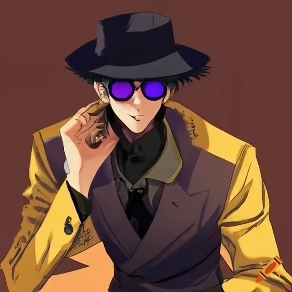 Stylized depiction of a man in a black suit and hat with round ...