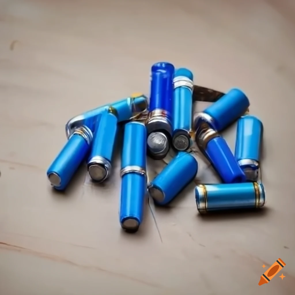 Pile of blue batteries on a table on Craiyon