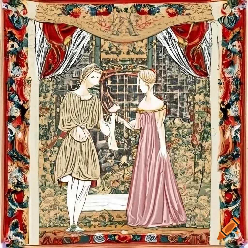 medieval tapestry depicting a noblewoman and a prince