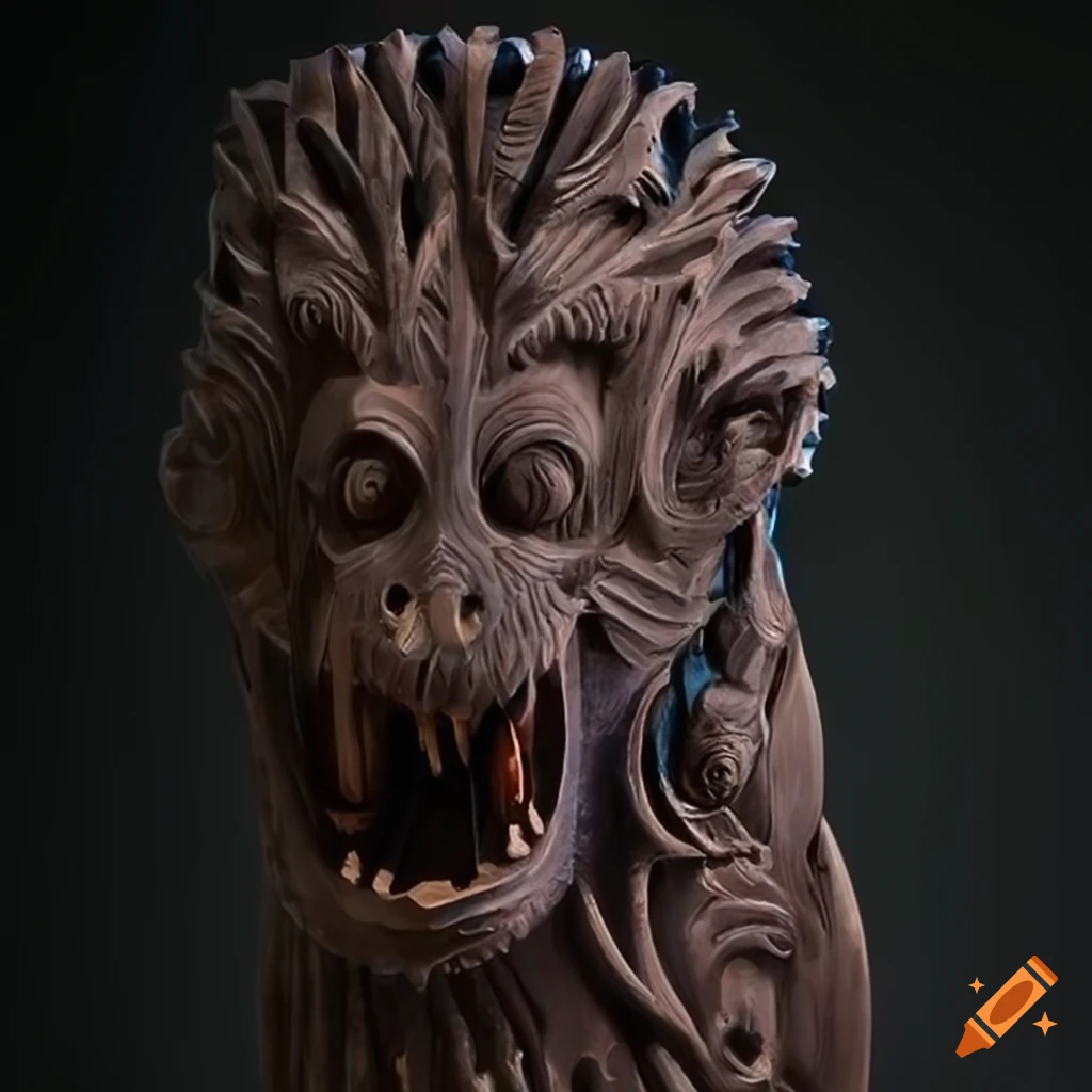 detailed carving of a moth werewolf motif