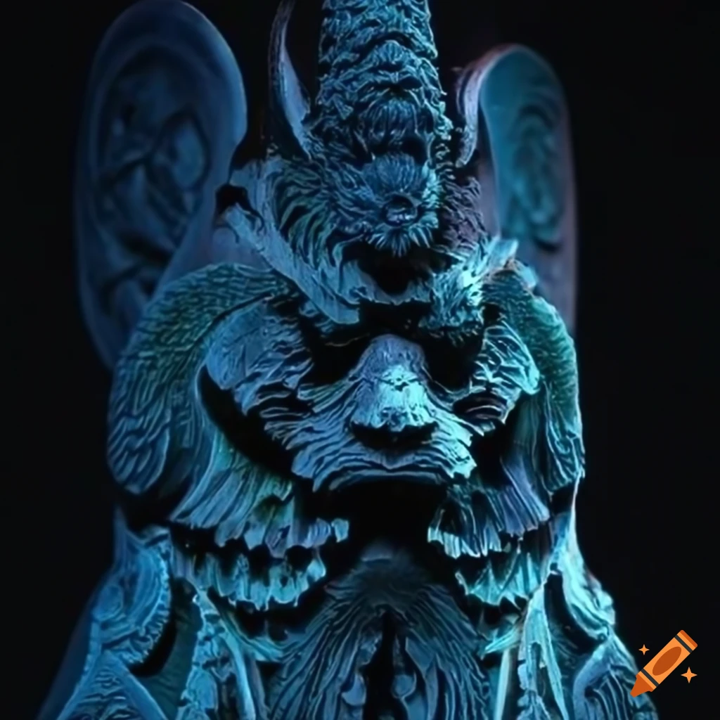 detailed carving of a moth werewolf motif
