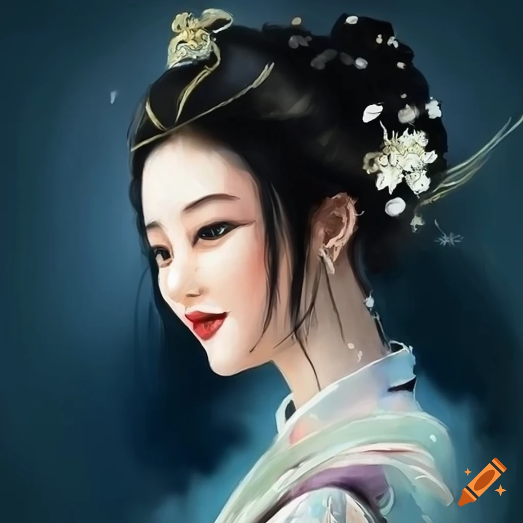 ink painting of a smiling woman in traditional Chinese style