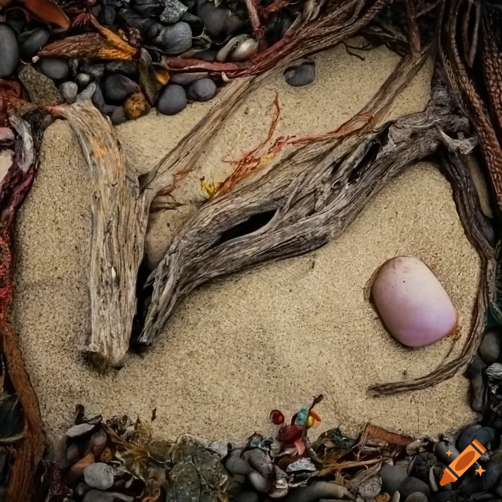sculpted still life artwork on a serene beach