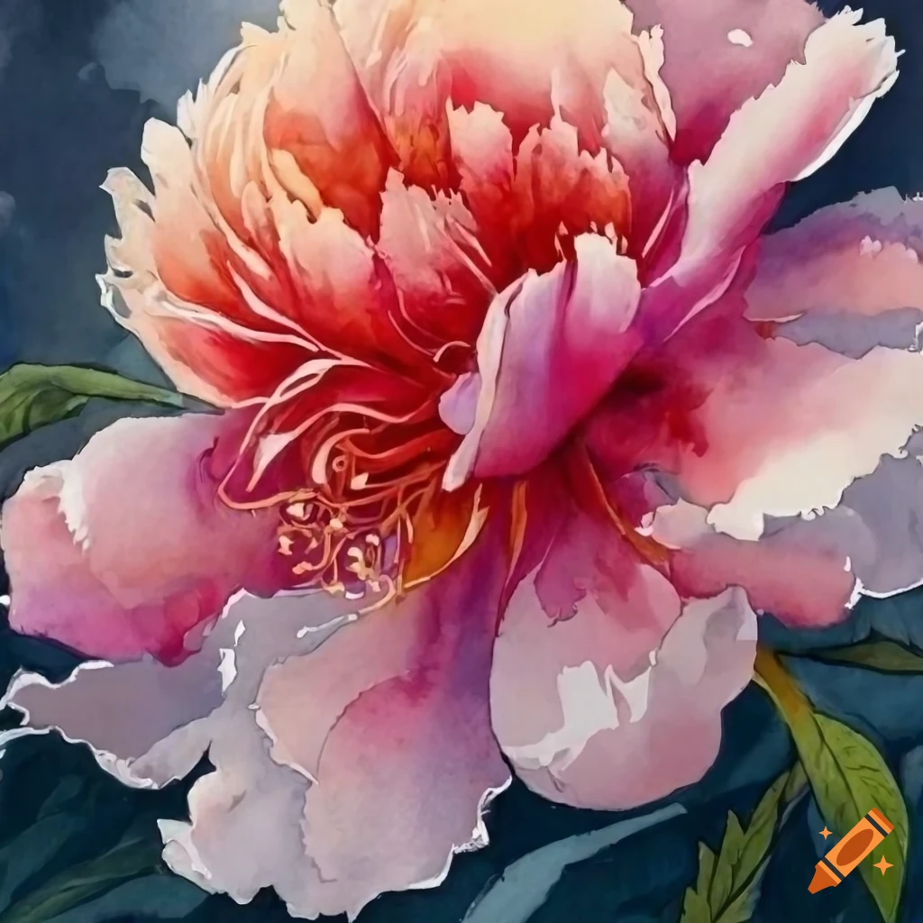 photorealistic watercolor of a peony on a white backdrop