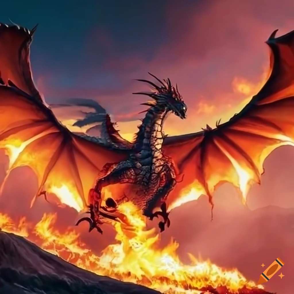 image of a fire dragon in a volcano landscape