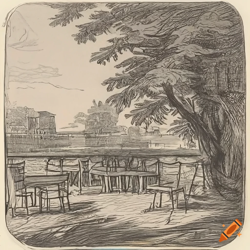 black and white drawing of a countryside bar terrace