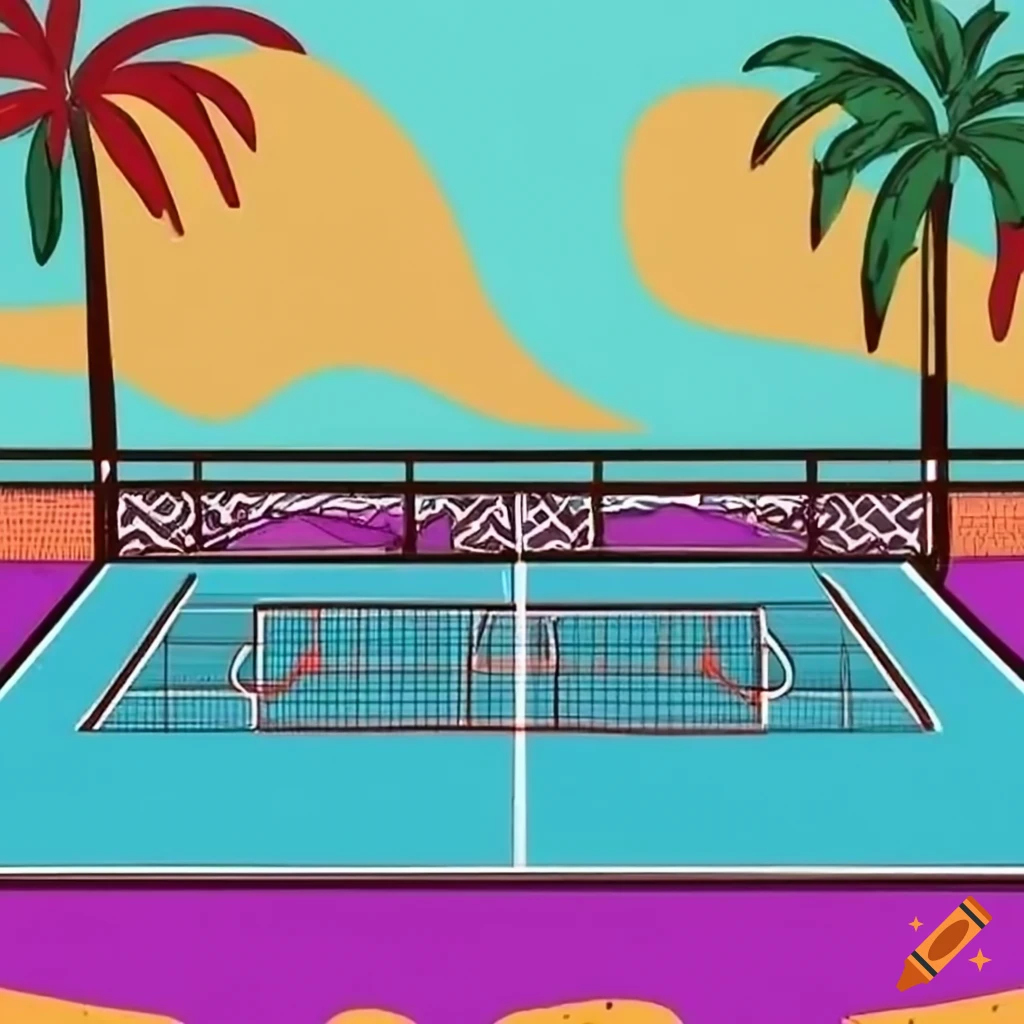 90s-style cartoon of a pickleball court near the beach