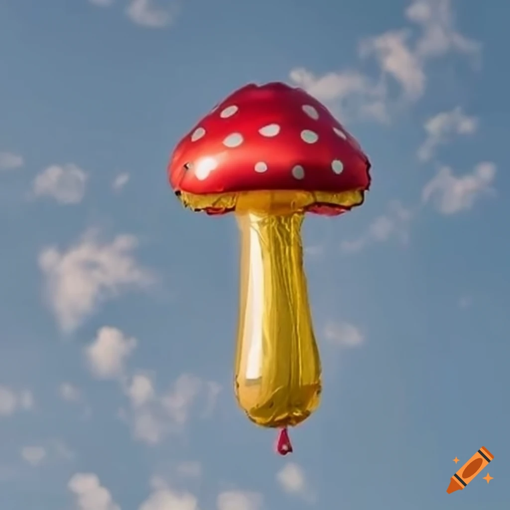 colourful mushroom-shaped foil balloon in the sky