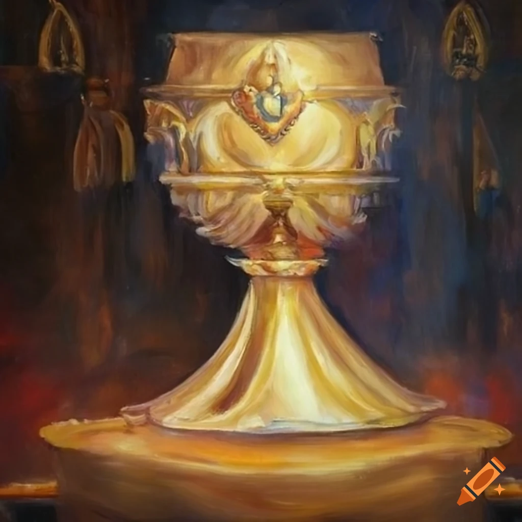 Oil painting of an ivory chalice in a church on Craiyon