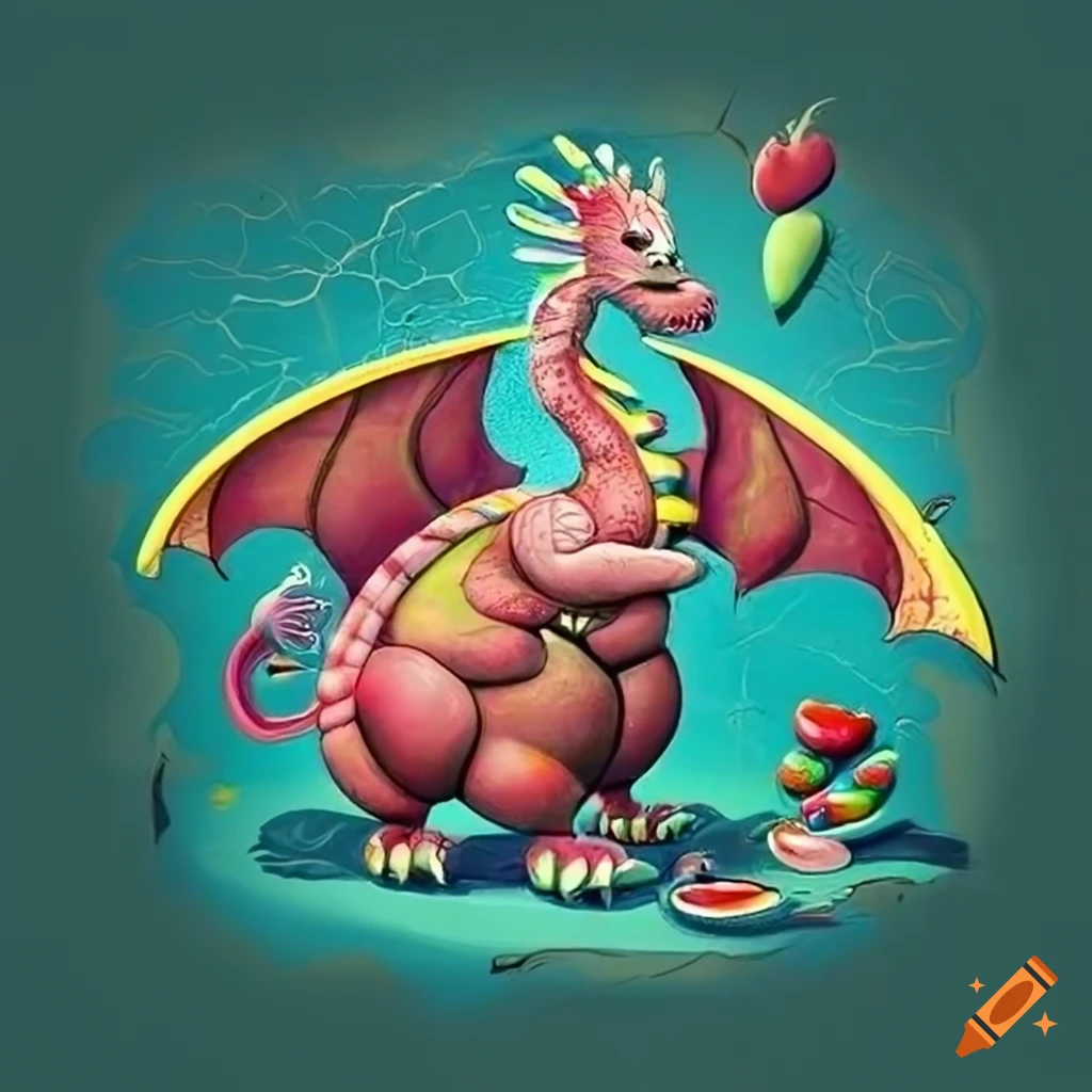 Cartoony diagram of a cute chocolate dragon with candy organs on Craiyon
