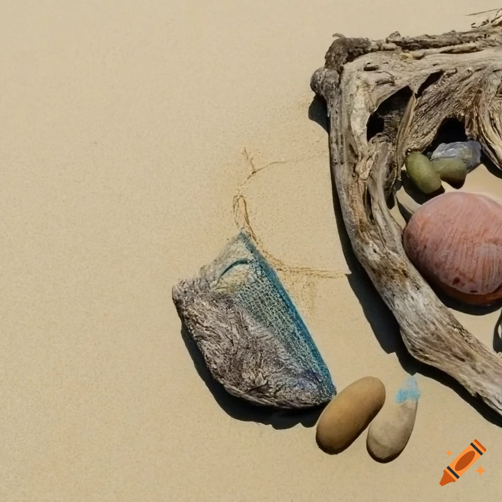 sculpture of half submerged driftwood on a sandy beach