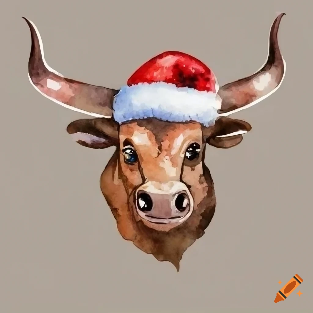 Santa Riding Bull Cartoon illustration of a bull with santa hat on Craiyon