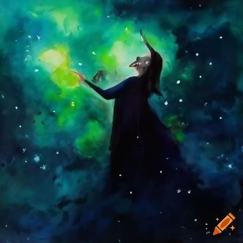 Watercolor painting of a witch in the cosmos
