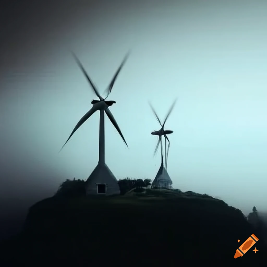 modern windmills on a foggy cliff