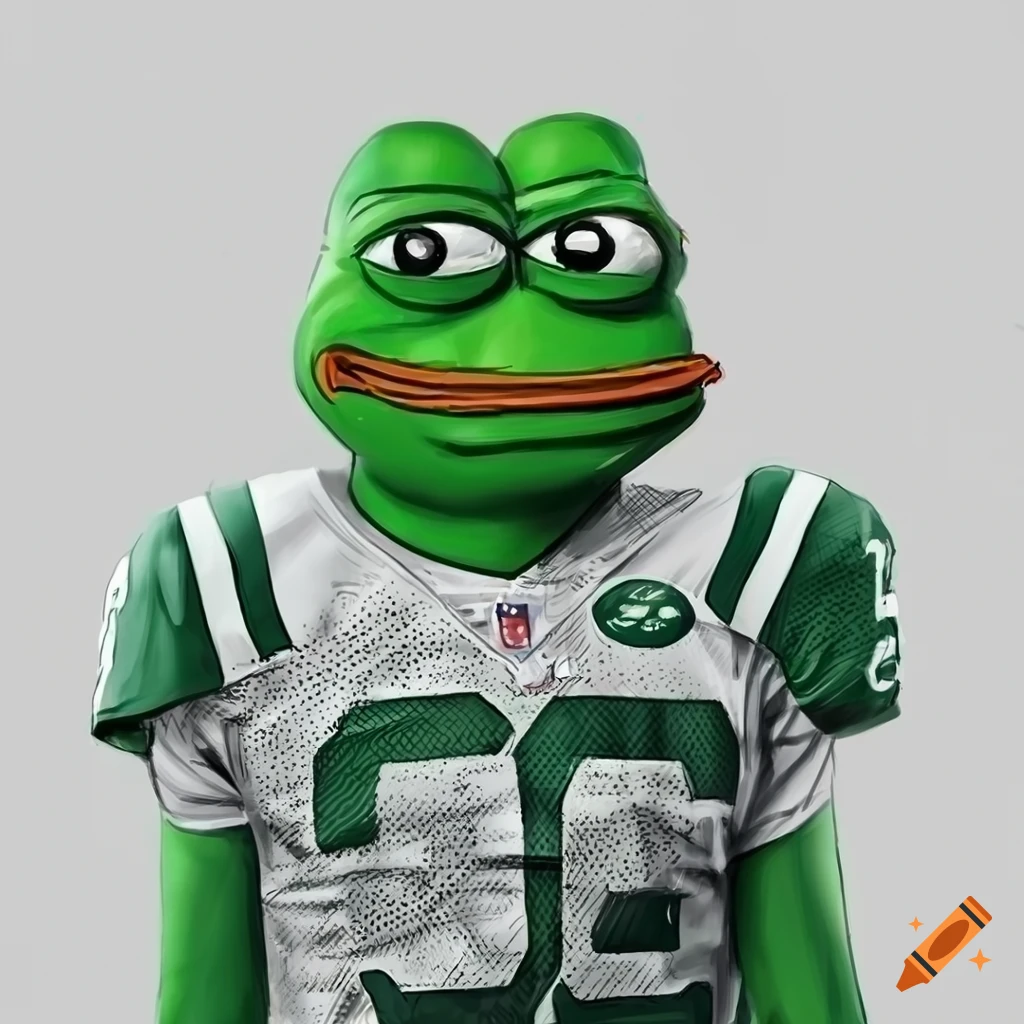 Illustration of Sad Pepe the Frog in New York Jets jersey on Craiyon