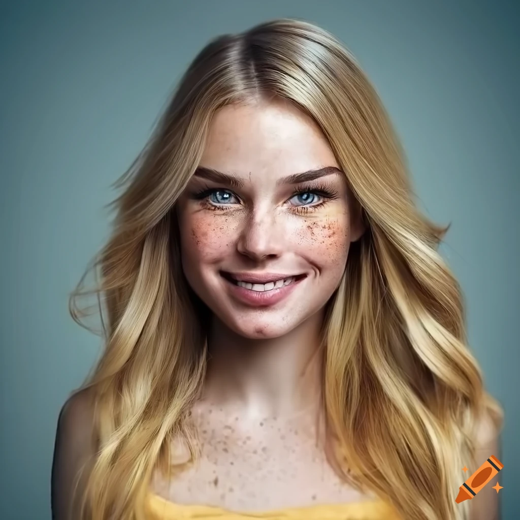 Portrait of a beautiful young woman with freckles and blonde hair on ...